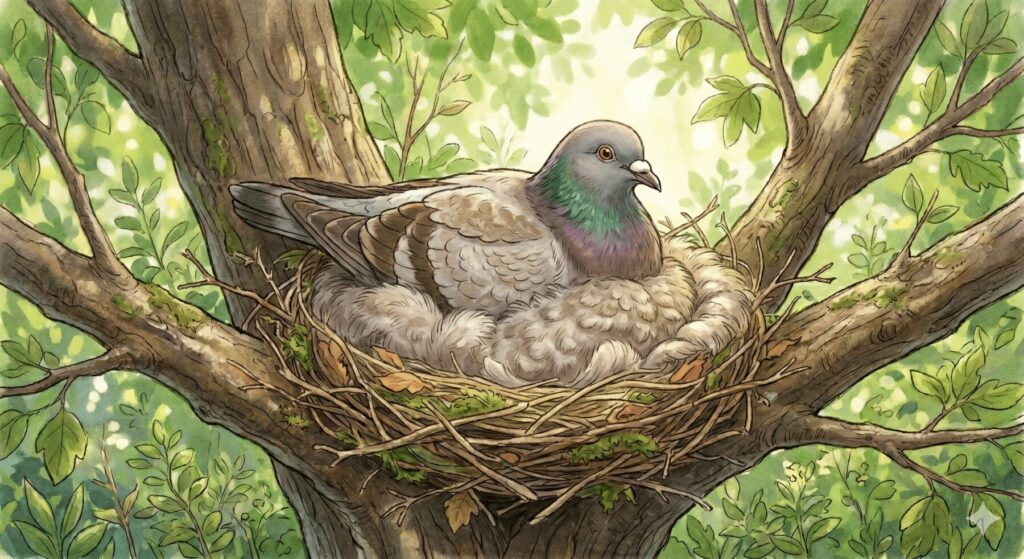 卵を温めている鳩のイラスト