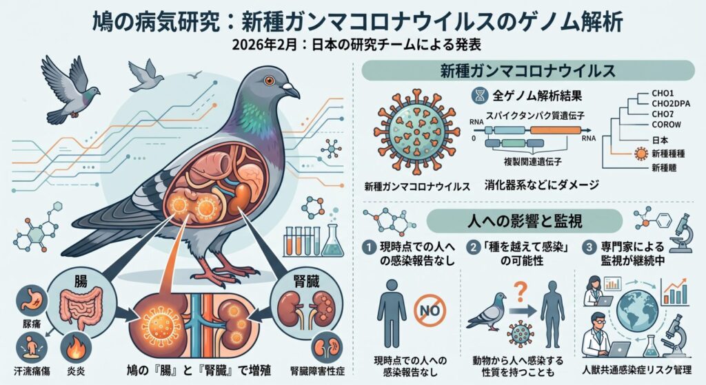 鳩の「ガンマコロナウイルス」解説イラスト