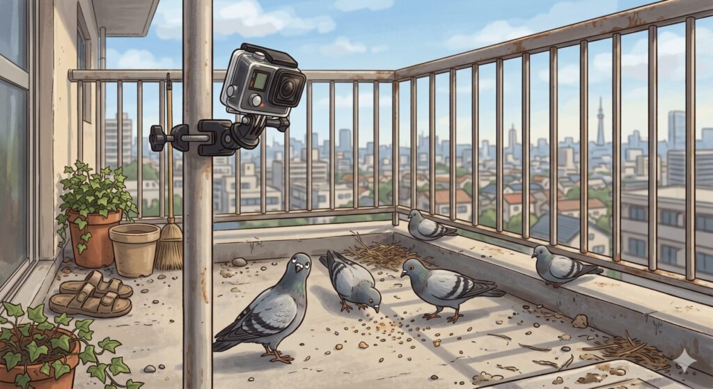 ベランダの鳩の様子を撮影