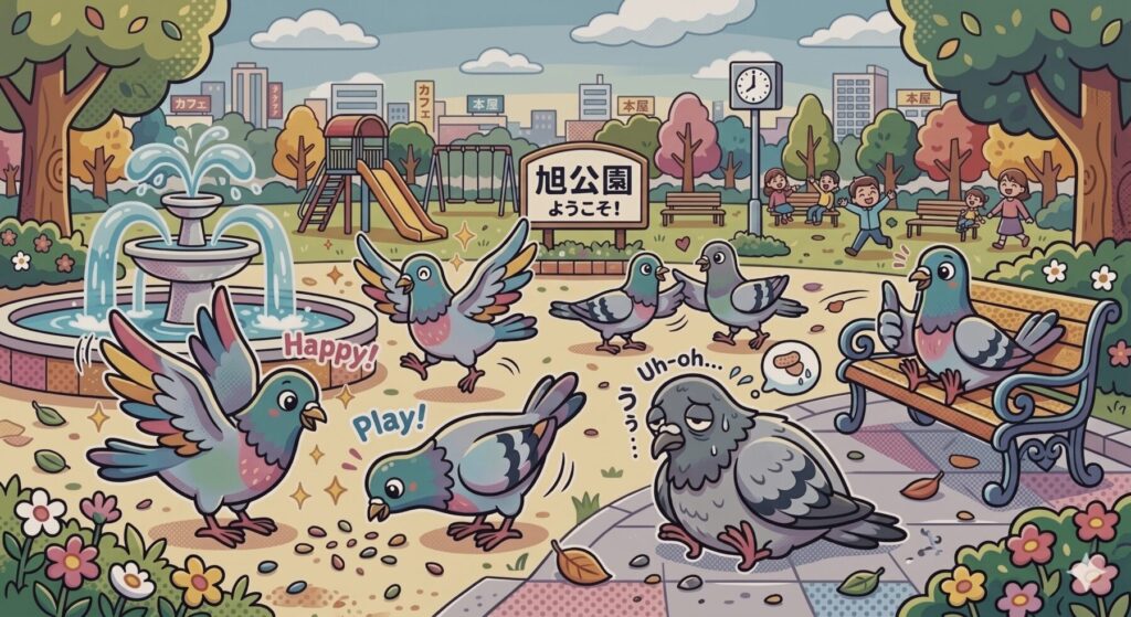 公園の体調が悪そうな鳩が1匹いるイラスト