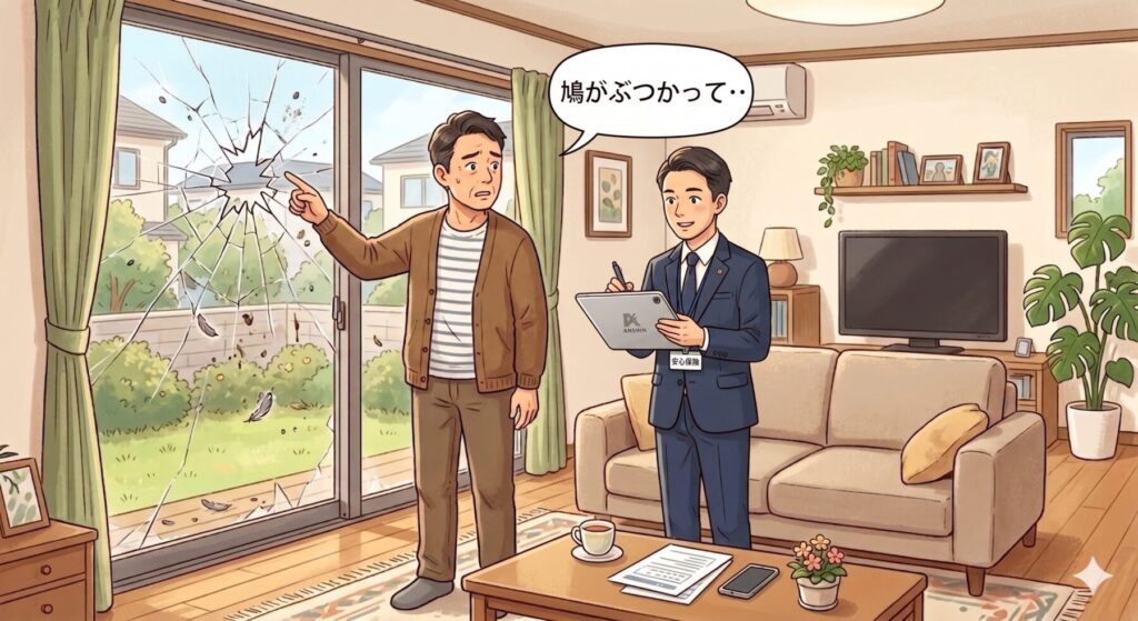 鳩がぶつかって割れた窓ガラスを指さしている住人と、スーツを着た保険会社の人と、リビングで相談しているイラスト