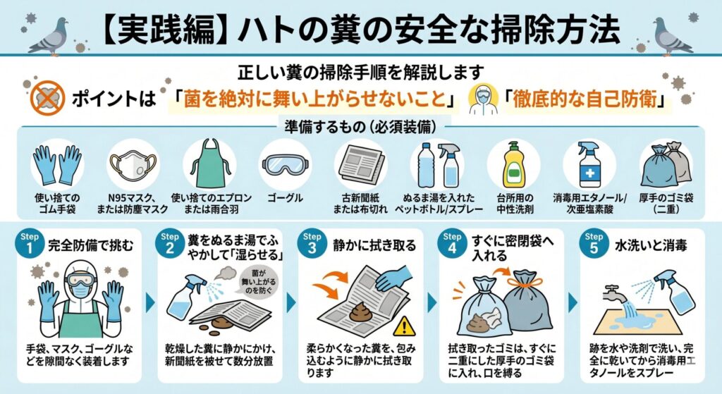 鳩の糞の安全な掃除方法