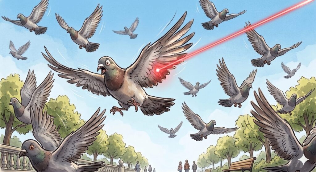 レーザーに驚いて逃げる鳩