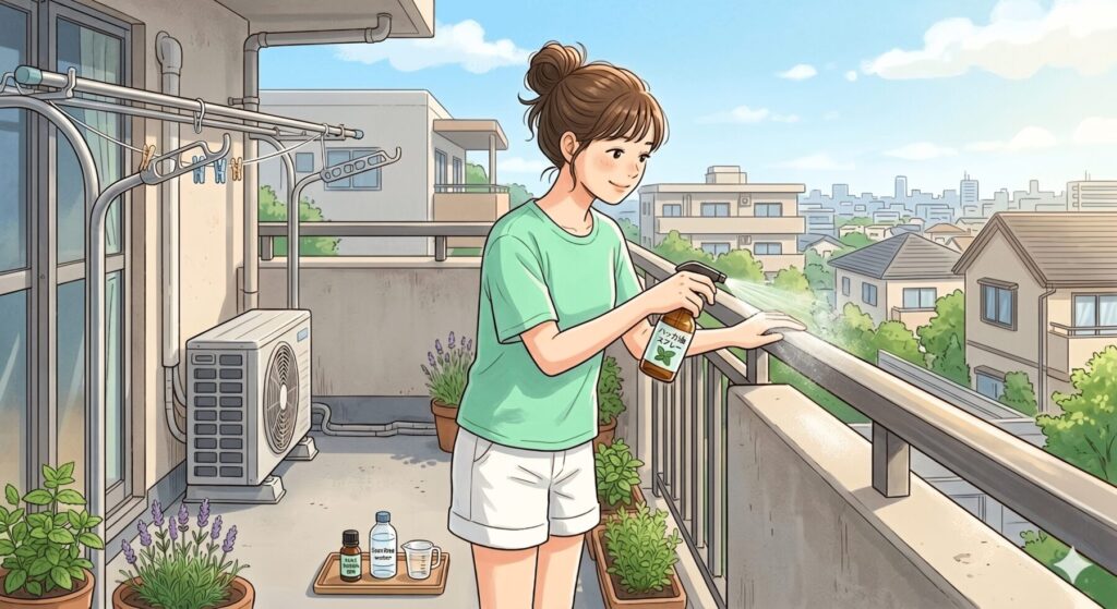 手すりにハッカ油スプレーを吹き付けているイラスト