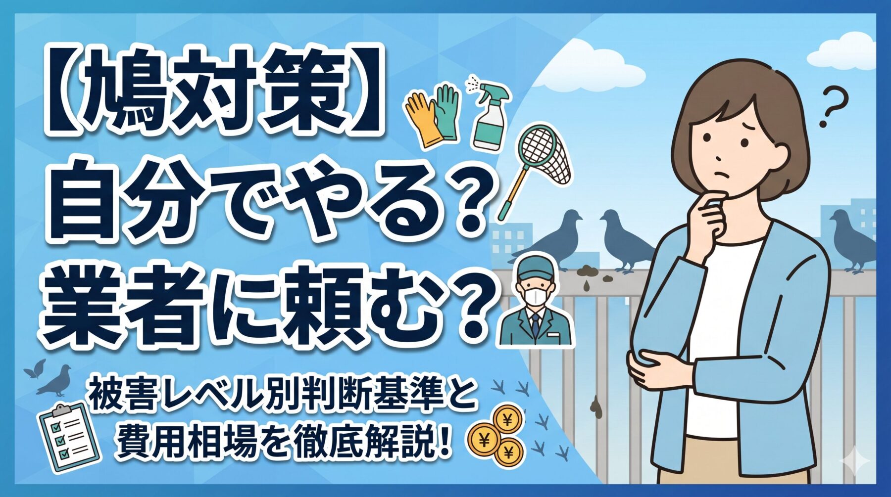 【鳩対策】自分でやる？業者に頼む？ベランダの被害レベル別判断基準と費用相場を徹底解説！