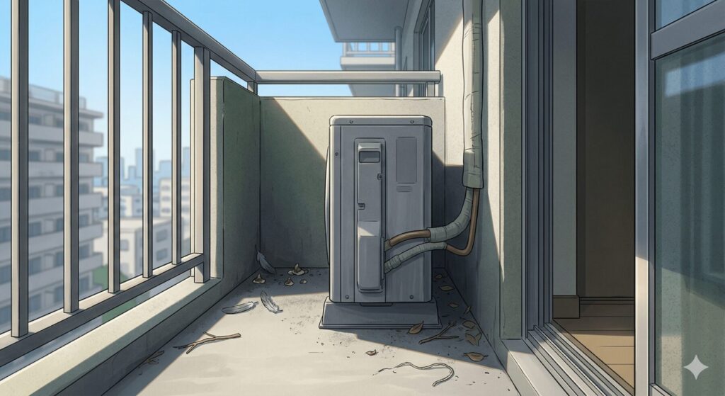 室外機の裏や隙間など、少し死角になっているベランダのスペース