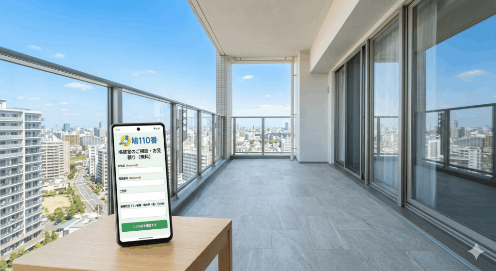 清潔なベランダと鳩110番へのスマートフォン相談画面