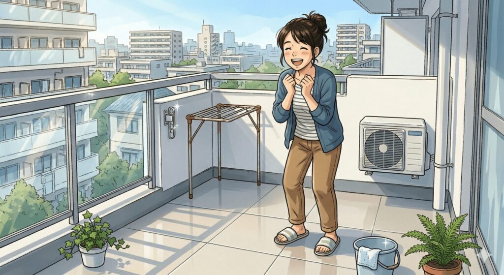 掃除が終わってきれいになったベランダで喜ぶ人
