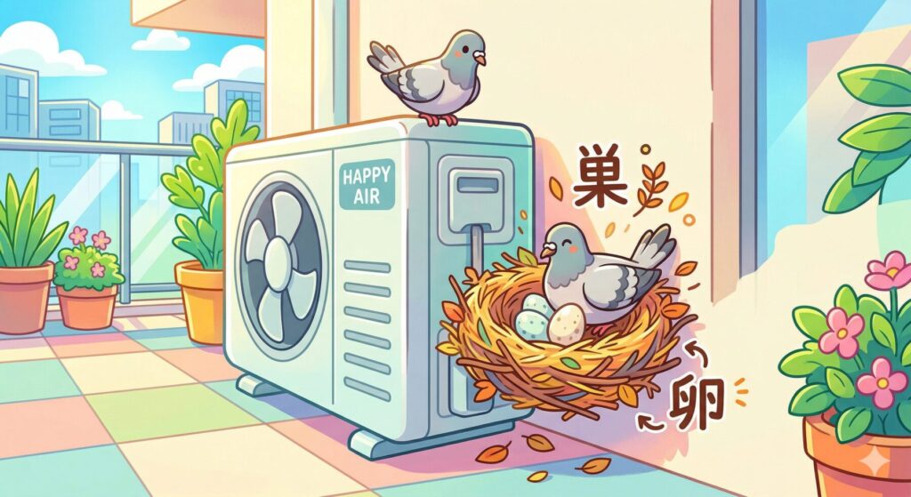 室外機の裏に作られた鳩の巣と産み落とされた卵