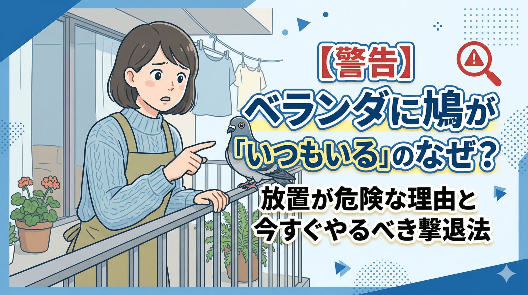 ベランダに鳩が「いつもいる」のはなぜ？放置が危険な理由と今すぐやるべき撃退法のアイキャッチ画像