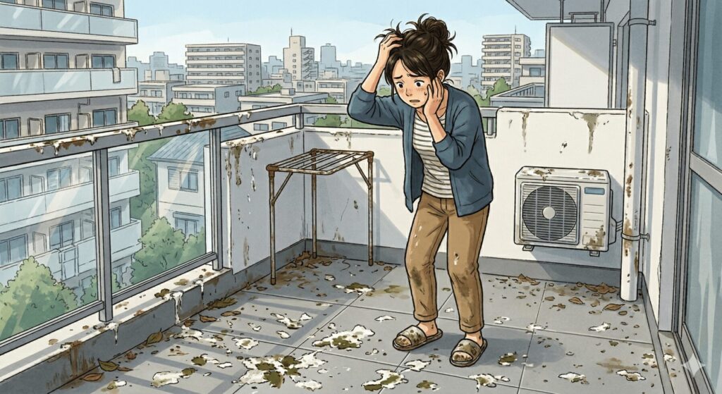 汚れたベランダ、または困り果てて頭を抱えている人