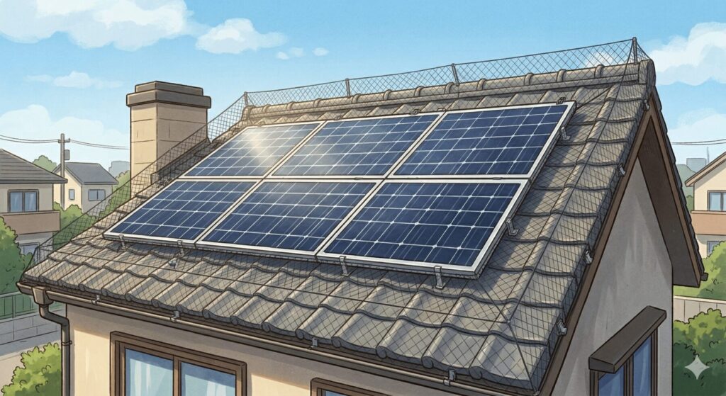 太陽光パネルに防鳥ネットを設置した鳩対策の施工事例