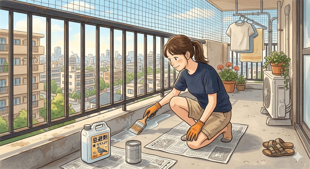 ベランダに忌避剤を塗っている