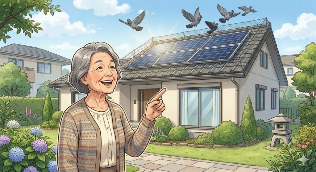 施工が完了し、鳩が去っていく