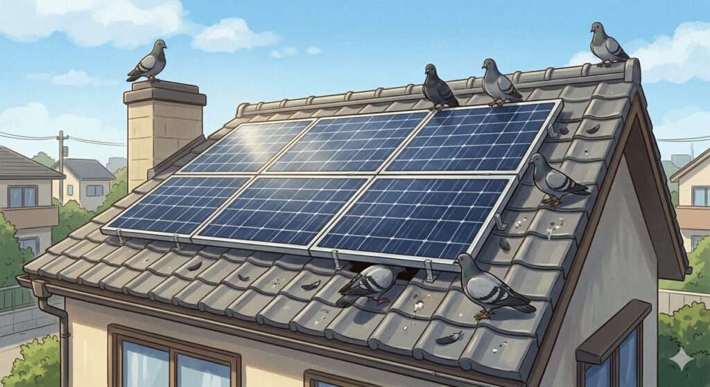 太陽光パネルの下に住み着く鳩とフン害の様子