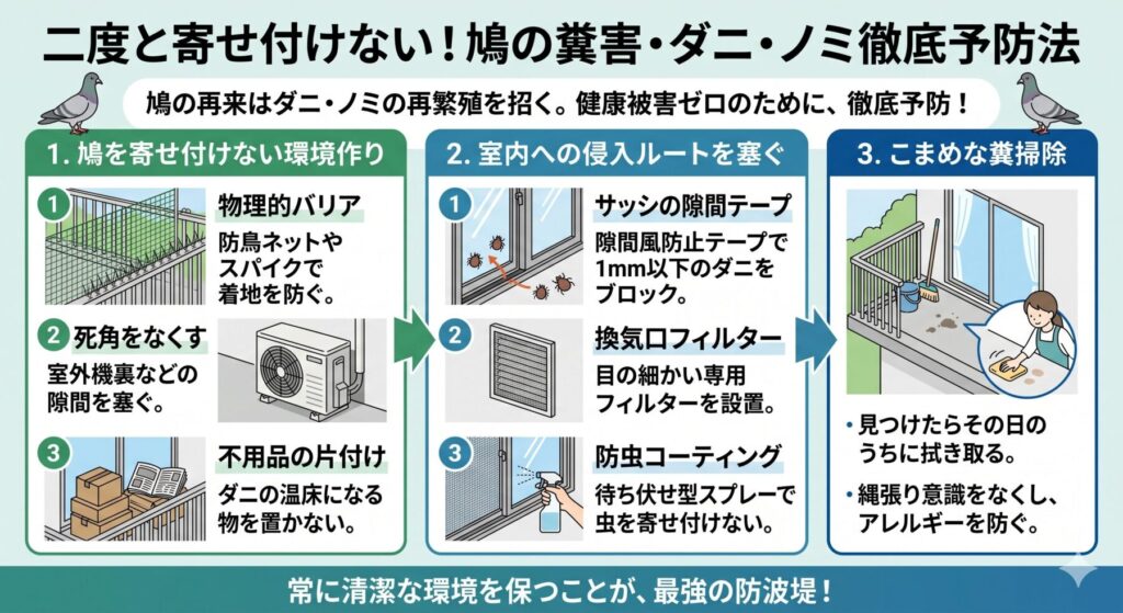 二度と寄せ付けない！鳩の糞害・ダニ・ノミを防ぐ徹底予防法